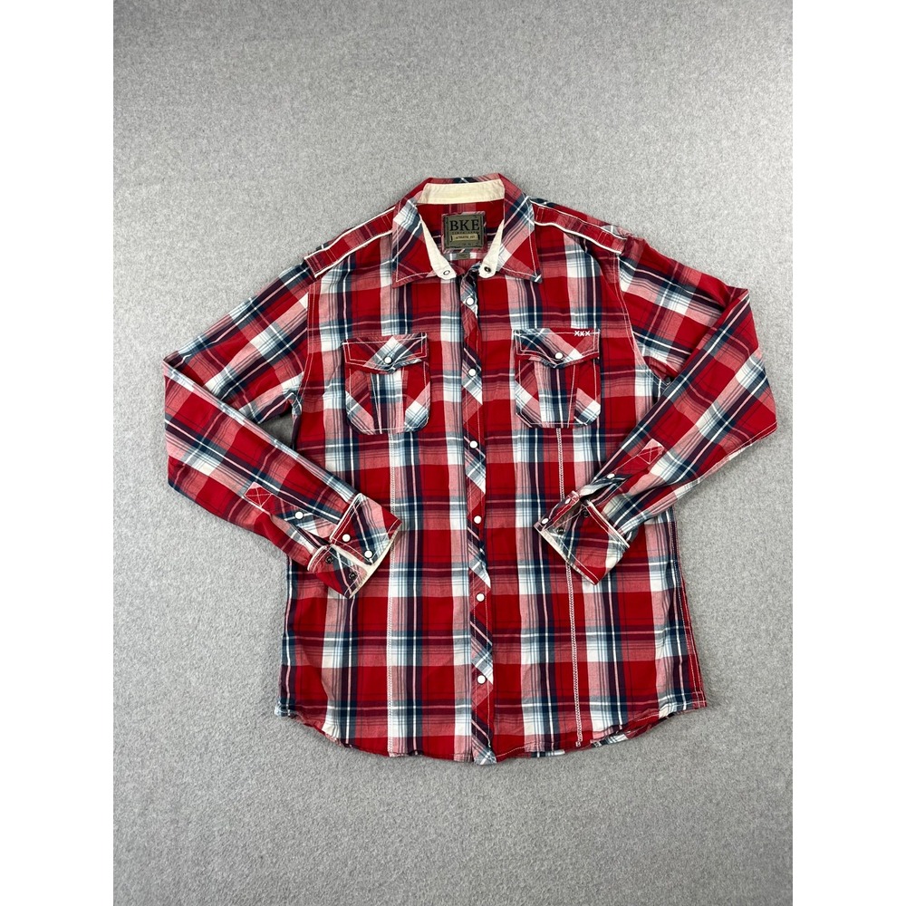 BKE Western Shirt Mens XL Red Plaid Long Sleeve Pearl Snap Athletic Fit